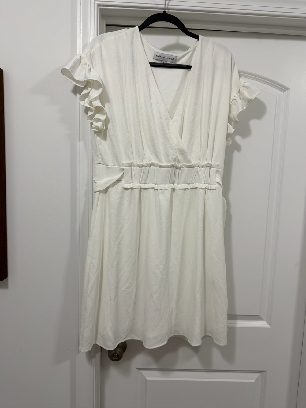 Emma & Michele Cream V‑Neck Ruffle Sleeve Mini Dress